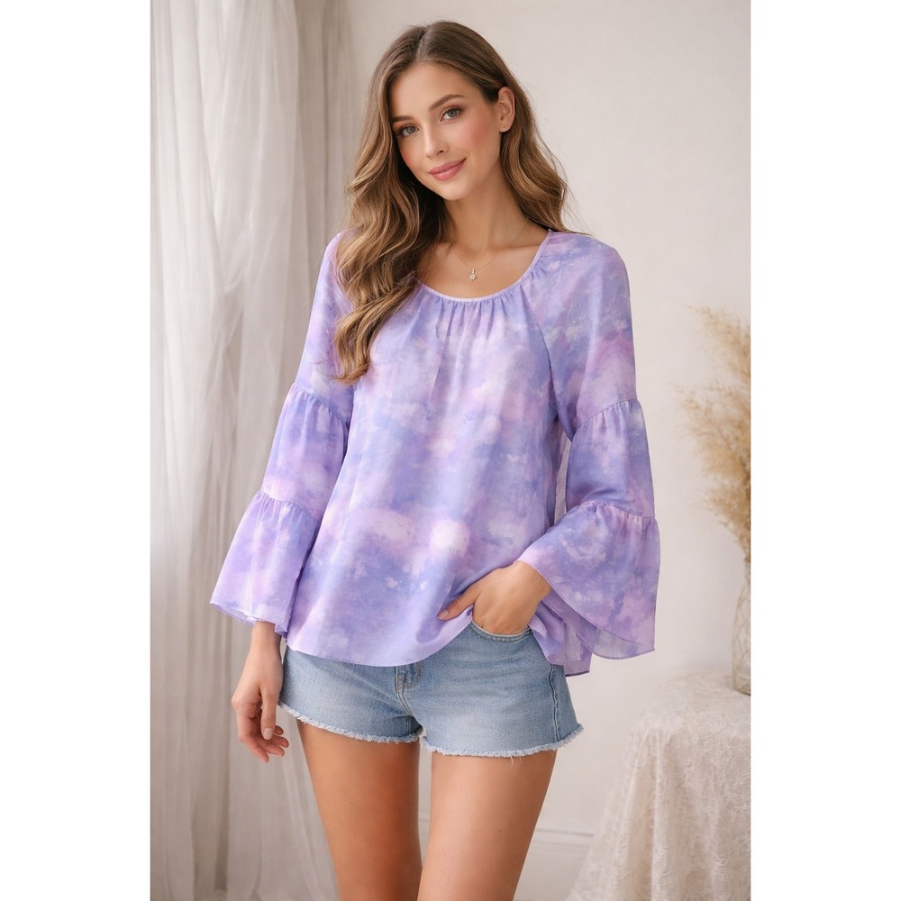 Bohemian Watercolor Flare Top Peasant Hippie Casual Purples Blues Going Out M